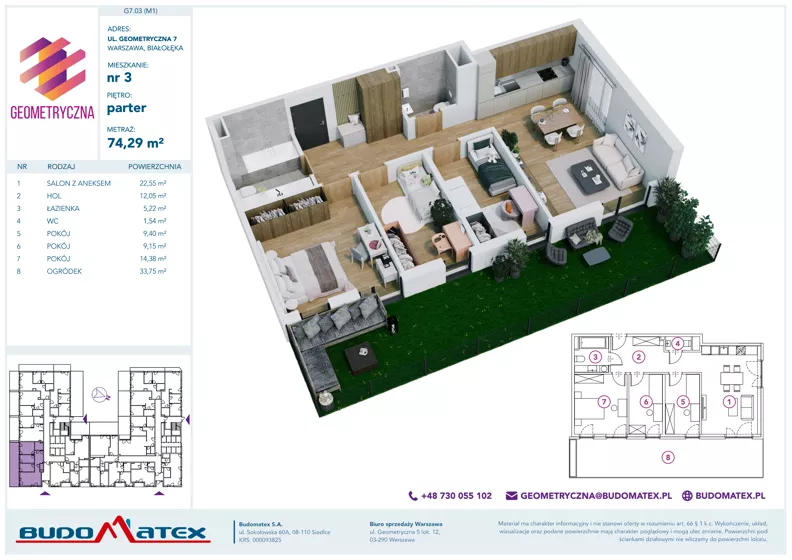 4 pokoje, mieszkanie 74,29 m², parter, oferta nr G7.03, Geometryczna 7, Warszawa, Białołęka, Grodzisk, ul. Geometryczna 7