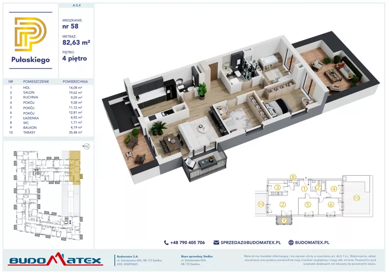 4 pokoje, mieszkanie 82,63 m², piętro 4, oferta nr A504, Pułaskiego, Siedlce, ul. Pułaskiego