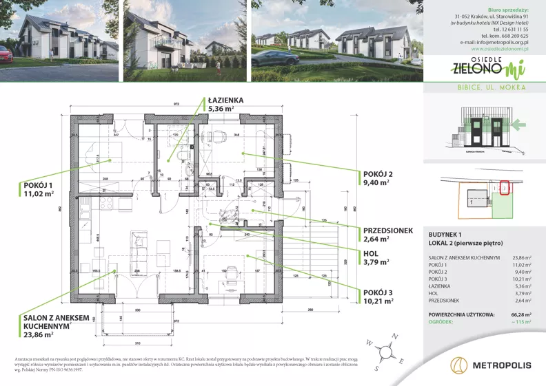 4 pokoje, mieszkanie 66,28 m², piętro 1, oferta nr 1M2, Osiedle Zielono Mi, Bibice, ul. Mokra