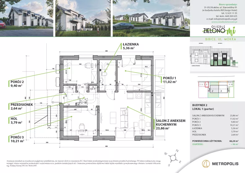 4 pokoje, mieszkanie 66,28 m², parter, oferta nr 2M1, Osiedle Zielono Mi, Bibice, ul. Mokra