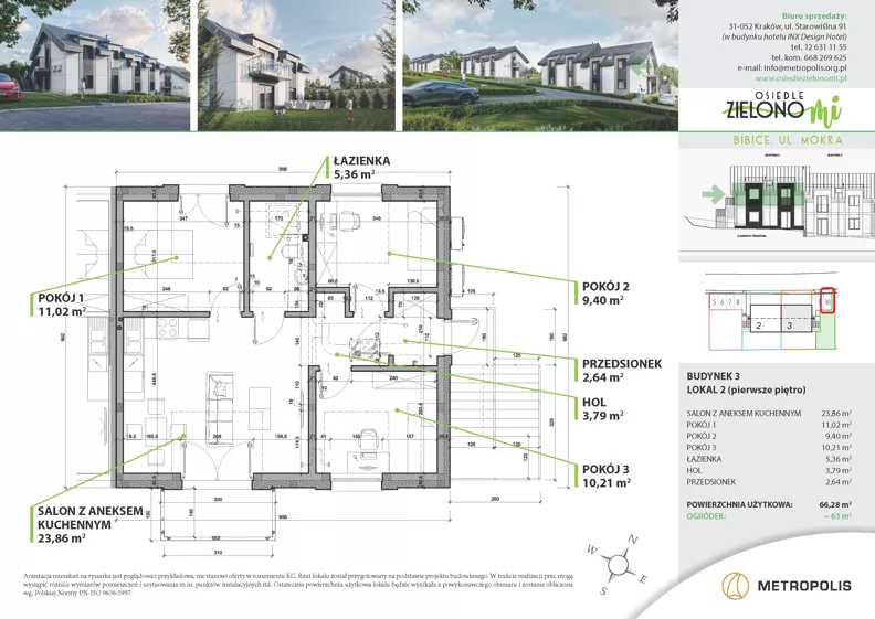 4 pokoje, mieszkanie 66,28 m², piętro 1, oferta nr 3M2, Osiedle Zielono Mi, Bibice, ul. Mokra