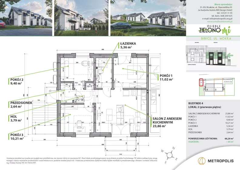 4 pokoje, mieszkanie 66,28 m², piętro 1, oferta nr 4M2, Osiedle Zielono Mi, Bibice, ul. Mokra