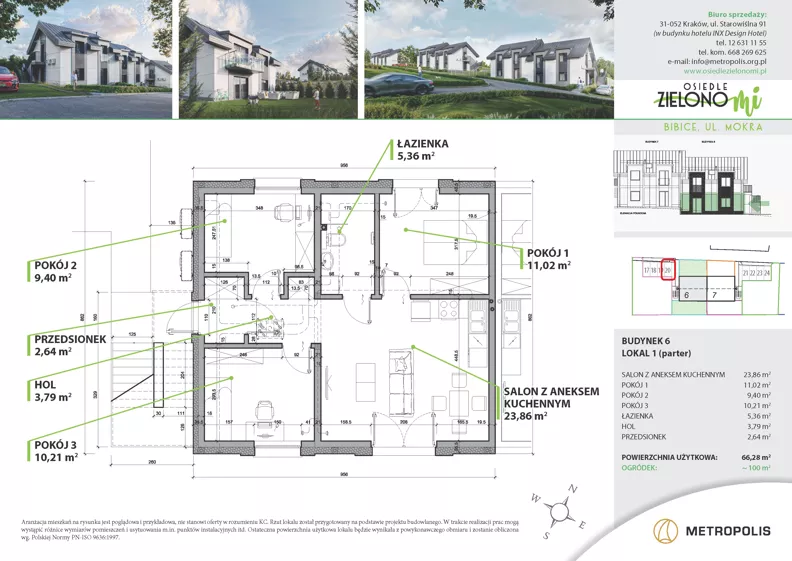 4 pokoje, mieszkanie 66,28 m², parter, oferta nr 6M1, Osiedle Zielono Mi, Bibice, ul. Mokra