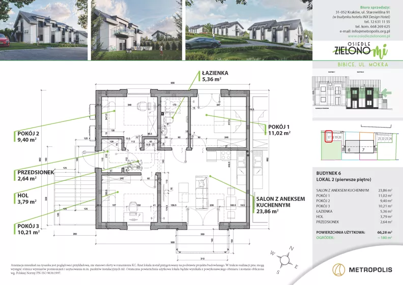 4 pokoje, mieszkanie 66,28 m², piętro 1, oferta nr 6M2, Osiedle Zielono Mi, Bibice, ul. Mokra
