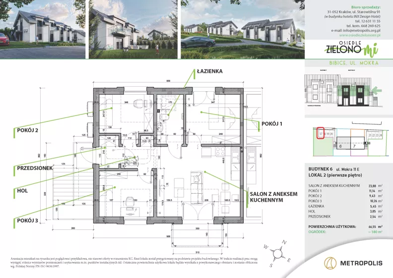 4 pokoje, mieszkanie 66,55 m², piętro 1, oferta nr 6M2, Osiedle Zielono Mi, Bibice, ul. Mokra