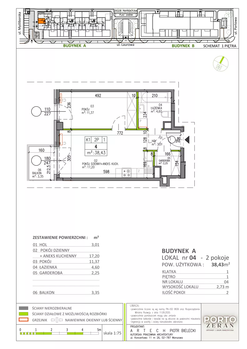 2 pokoje, mieszkanie 38,43 m², piętro 1, oferta nr A.K1.4, Porto Żerań, Warszawa, Białołęka, Żerań, ul. Myśliborska