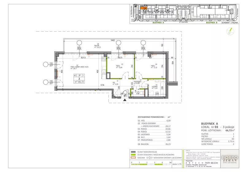 3 pokoje, mieszkanie 66,72 m², piętro 1, oferta nr A.K1.3, Porto Żerań, Warszawa, Białołęka, Żerań, ul. Myśliborska