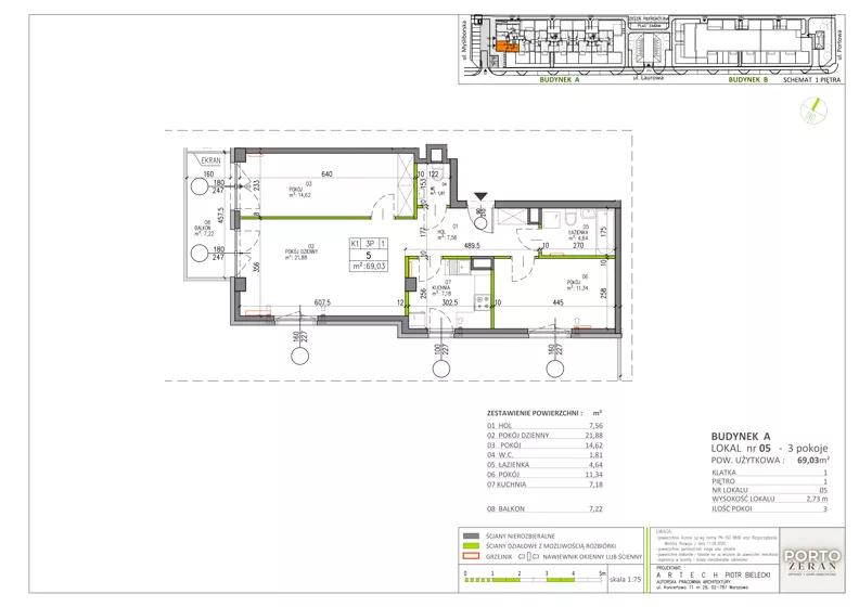 3 pokoje, mieszkanie 69,03 m², piętro 1, oferta nr A.K1.5, Porto Żerań, Warszawa, Białołęka, Żerań, ul. Myśliborska