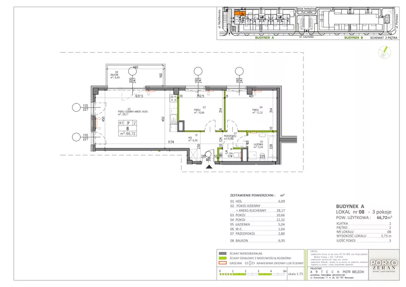 3 pokoje, mieszkanie 66,72 m², piętro 2, oferta nr A.K1.8, Porto Żerań, Warszawa, Białołęka, Żerań, ul. Myśliborska