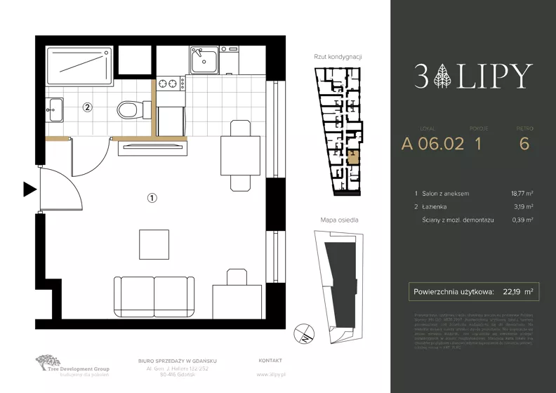 1 pokój, lokal inwestycyjny 22,35 m², piętro 6, oferta nr A.06.02, 3 Lipy, Gdańsk, Piecki-Migowo, Morena, ul. Trzy Lipy 6