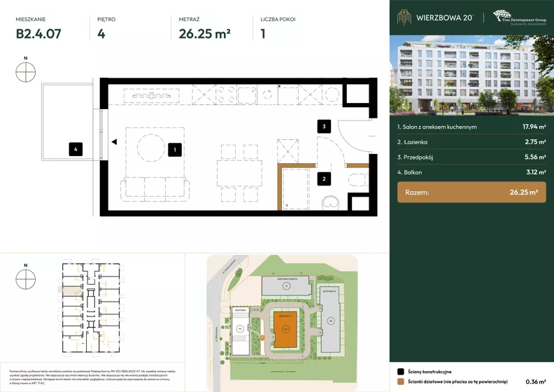 1 pokój, mieszkanie 26,25 m², piętro 4, oferta nr B2.4.07, Wierzbowa 20, Łódź, Śródmieście, ul. Wierzbowa 20