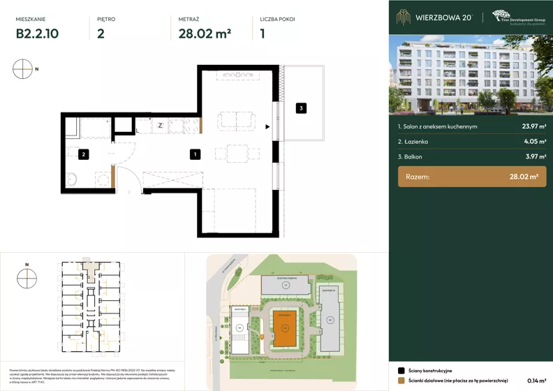1 pokój, mieszkanie 28,02 m², piętro 2, oferta nr B2.2.10, Wierzbowa 20, Łódź, Śródmieście, ul. Wierzbowa 20