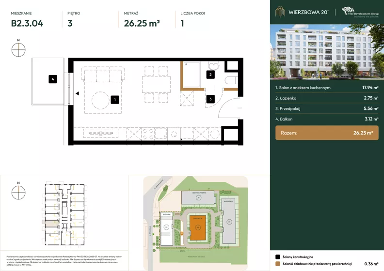 1 pokój, mieszkanie 26,25 m², piętro 3, oferta nr B2.3.04, Wierzbowa 20, Łódź, Śródmieście, ul. Wierzbowa 20