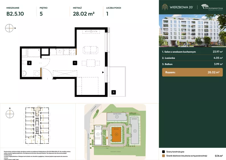 1 pokój, mieszkanie 28,02 m², piętro 5, oferta nr B2.5.10, Wierzbowa 20, Łódź, Śródmieście, ul. Wierzbowa 20