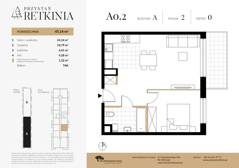 2 pokoje, mieszkanie 45,14 m², parter, oferta nr A.0.2, Przystań Retkinia, Łódź, Polesie, Lublinek-Pienista, ul. Pienista 55
