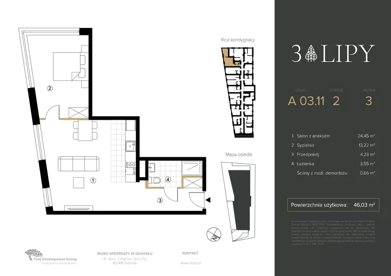 2 pokoje, lokal inwestycyjny 46,11 m², piętro 3, oferta nr A.03.11, 3 Lipy, Gdańsk, Piecki-Migowo, Morena, ul. Trzy Lipy 6