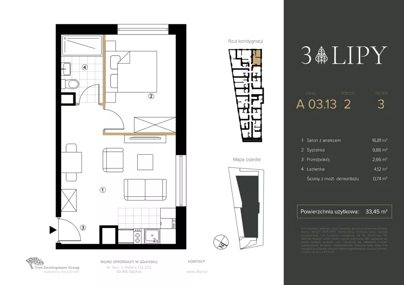 2 pokoje, lokal inwestycyjny 33,42 m², piętro 3, oferta nr A.03.13, 3 Lipy, Gdańsk, Piecki-Migowo, Morena, ul. Trzy Lipy 6