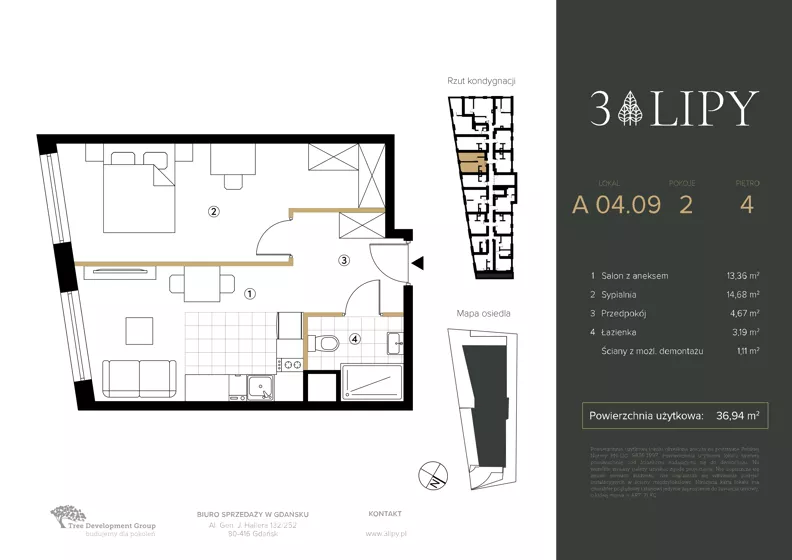 2 pokoje, lokal inwestycyjny 37,01 m², piętro 4, oferta nr A.04.09, 3 Lipy, Gdańsk, Piecki-Migowo, Morena, ul. Trzy Lipy 6