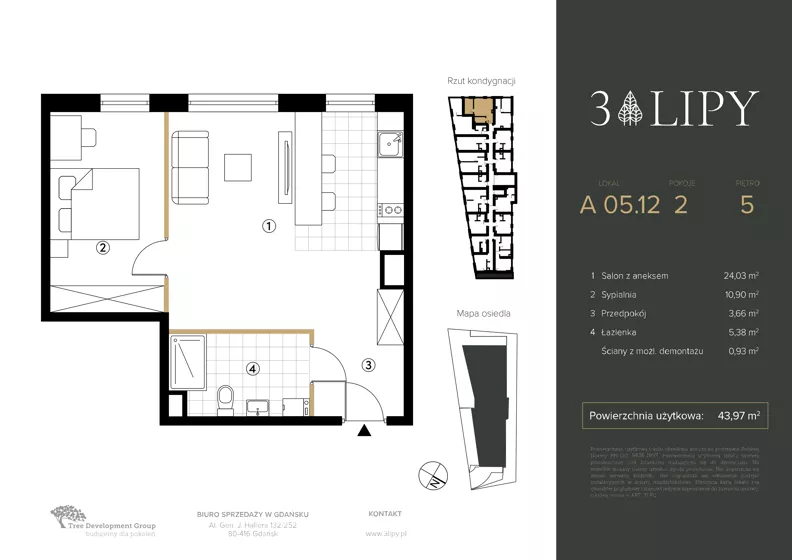 2 pokoje, lokal inwestycyjny 43,96 m², piętro 5, oferta nr A.05.12, 3 Lipy, Gdańsk, Piecki-Migowo, Morena, ul. Trzy Lipy 6