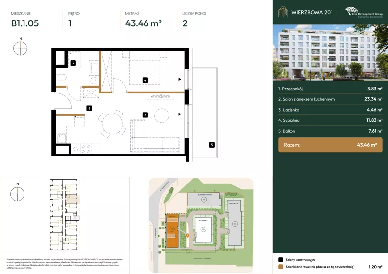 2 pokoje, mieszkanie 43,46 m², piętro 1, oferta nr B1.1.05, Wierzbowa 20, Łódź, Śródmieście, ul. Wierzbowa 20