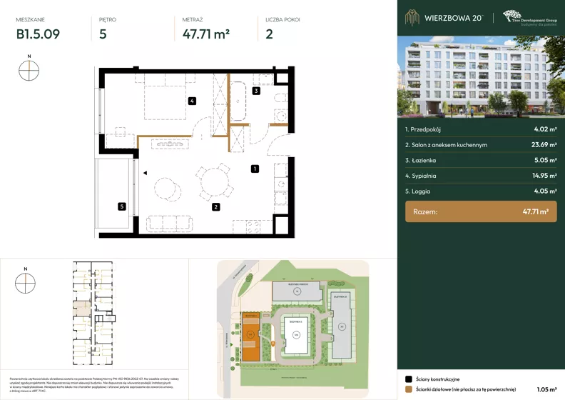 2 pokoje, mieszkanie 47,71 m², piętro 5, oferta nr B1.5.09, Wierzbowa 20, Łódź, Śródmieście, ul. Wierzbowa 20
