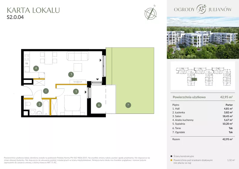2 pokoje, mieszkanie 42,95 m², parter, oferta nr S2.0.04, Ogrody Julianów, Łódź, Bałuty, Julianów, ul. Zgierska 188