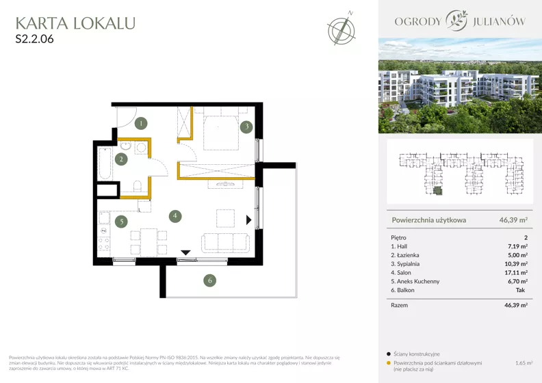 2 pokoje, mieszkanie 46,39 m², piętro 2, oferta nr S2.2.06, Ogrody Julianów, Łódź, Bałuty, Julianów, ul. Zgierska 188