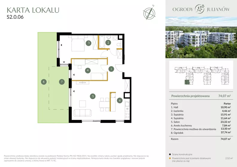 3 pokoje, mieszkanie 74,07 m², parter, oferta nr S2.0.06, Ogrody Julianów, Łódź, Bałuty, Julianów, ul. Zgierska 188