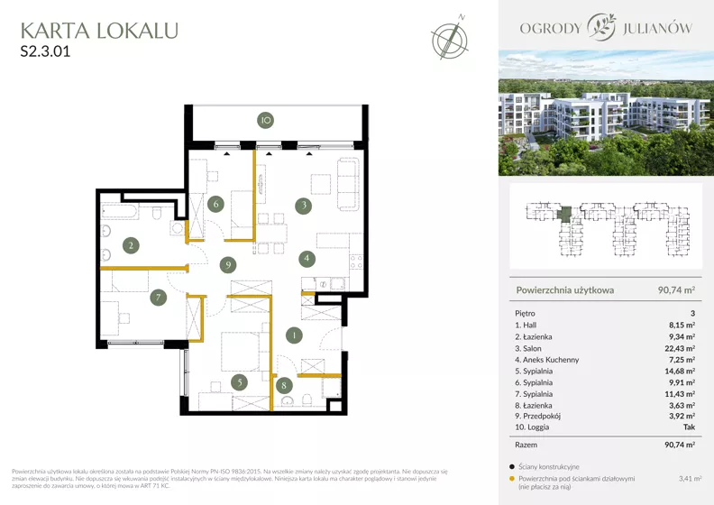 4 pokoje, mieszkanie 90,74 m², piętro 3, oferta nr S2.3.01, Ogrody Julianów, Łódź, Bałuty, Julianów, ul. Zgierska 188