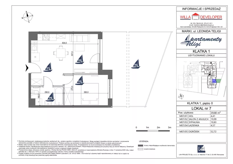 2 pokoje, mieszkanie 39,80 m², parter, oferta nr 7, Apartamenty Teligi, Marki, ul. Leonida Teligi