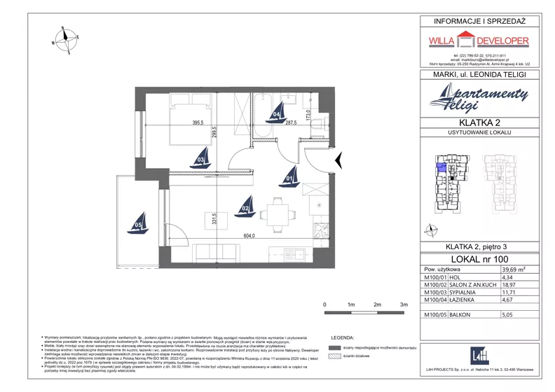 2 pokoje, mieszkanie 39,69 m², piętro 3, oferta nr 100, Apartamenty Teligi, Marki, ul. Leonida Teligi