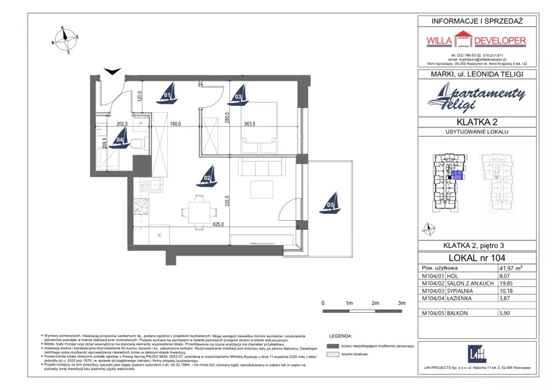2 pokoje, mieszkanie 41,97 m², piętro 3, oferta nr 104, Apartamenty Teligi, Marki, ul. Leonida Teligi