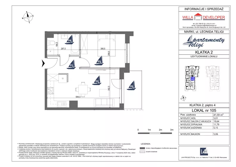 2 pokoje, mieszkanie 41,59 m², piętro 4, oferta nr 105, Apartamenty Teligi, Marki, ul. Leonida Teligi