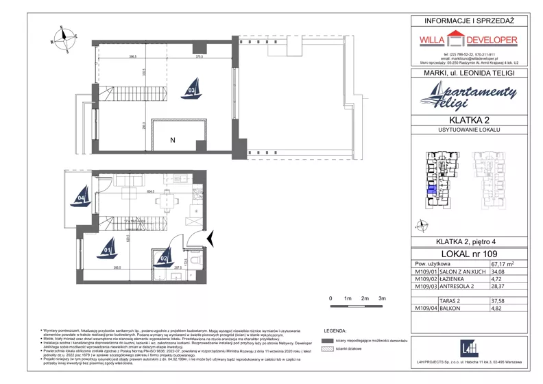 2 pokoje, mieszkanie 67,17 m², piętro 4, oferta nr 109, Apartamenty Teligi, Marki, ul. Leonida Teligi