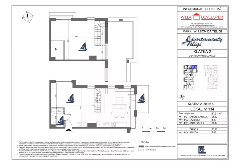 2 pokoje, mieszkanie 87,31 m², piętro 4, oferta nr 114, Apartamenty Teligi, Marki, ul. Leonida Teligi