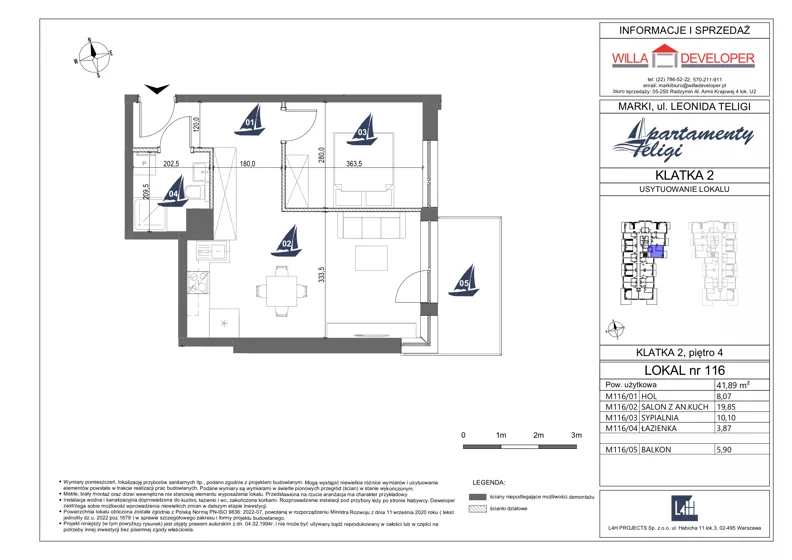 2 pokoje, mieszkanie 41,89 m², piętro 4, oferta nr 116, Apartamenty Teligi, Marki, ul. Leonida Teligi