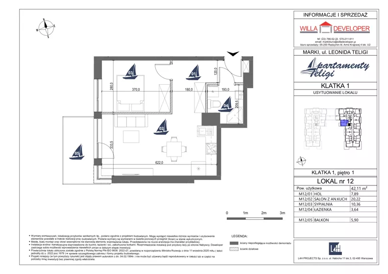 2 pokoje, mieszkanie 42,11 m², piętro 1, oferta nr 12, Apartamenty Teligi, Marki, ul. Leonida Teligi