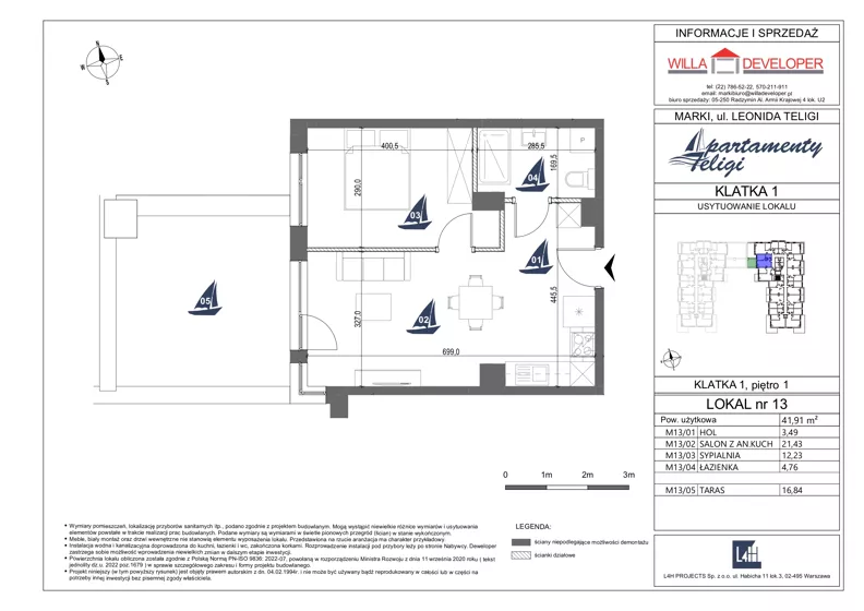 2 pokoje, mieszkanie 41,91 m², piętro 1, oferta nr 13, Apartamenty Teligi, Marki, ul. Leonida Teligi