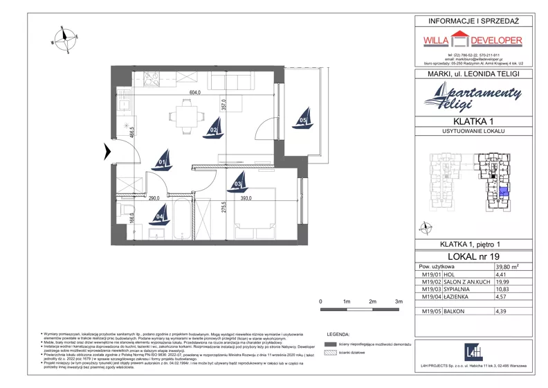 2 pokoje, mieszkanie 39,80 m², piętro 1, oferta nr 19, Apartamenty Teligi, Marki, ul. Leonida Teligi