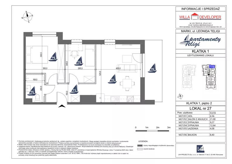 3 pokoje, mieszkanie 53,55 m², piętro 2, oferta nr 27, Apartamenty Teligi, Marki, ul. Leonida Teligi