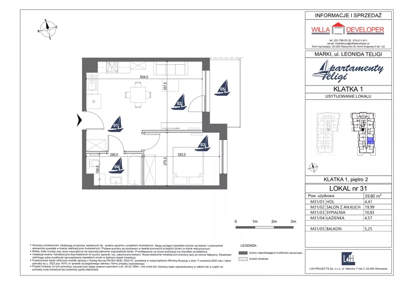 2 pokoje, mieszkanie 39,80 m², piętro 2, oferta nr 31, Apartamenty Teligi, Marki, ul. Leonida Teligi