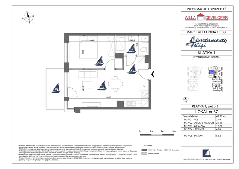 2 pokoje, mieszkanie 41,91 m², piętro 3, oferta nr 37, Apartamenty Teligi, Marki, ul. Leonida Teligi