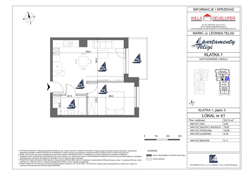 2 pokoje, mieszkanie 39,19 m², piętro 3, oferta nr 41, Apartamenty Teligi, Marki, ul. Leonida Teligi