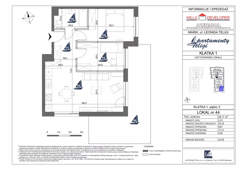 3 pokoje, mieszkanie 58,11 m², piętro 3, oferta nr 44, Apartamenty Teligi, Marki, ul. Leonida Teligi