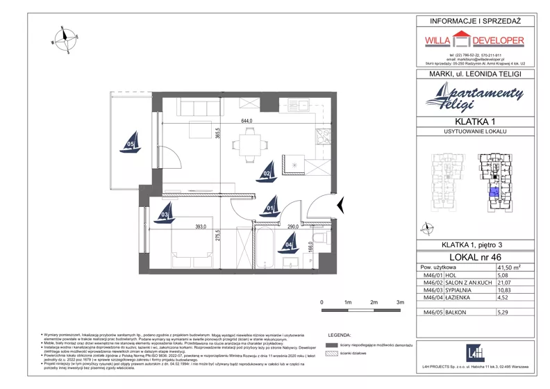 2 pokoje, mieszkanie 41,50 m², piętro 3, oferta nr 46, Apartamenty Teligi, Marki, ul. Leonida Teligi