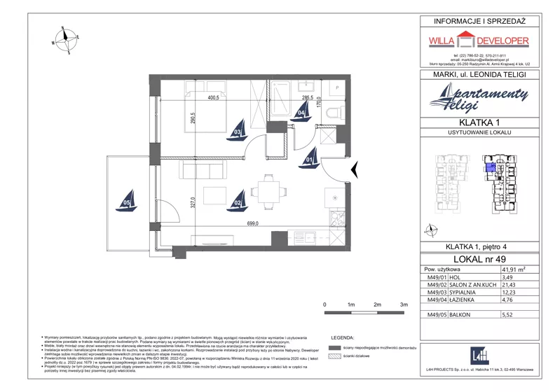 2 pokoje, mieszkanie 41,91 m², piętro 4, oferta nr 49, Apartamenty Teligi, Marki, ul. Leonida Teligi