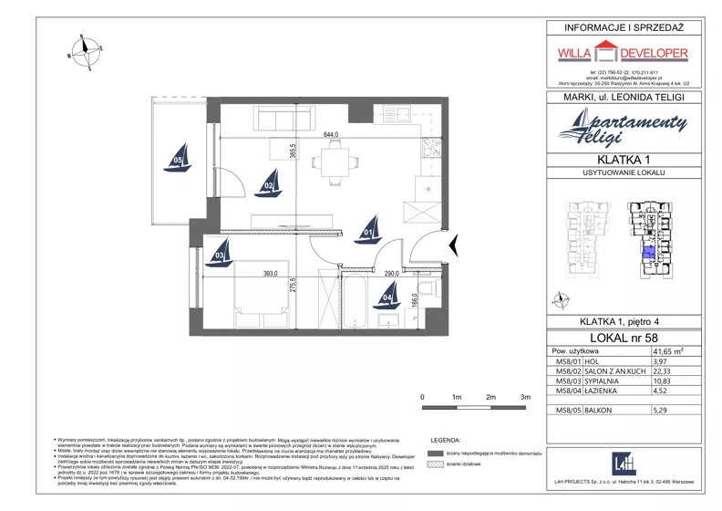 2 pokoje, mieszkanie 41,65 m², piętro 4, oferta nr 58, Apartamenty Teligi, Marki, ul. Leonida Teligi