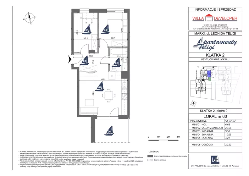3 pokoje, mieszkanie 51,22 m², parter, oferta nr 60, Apartamenty Teligi, Marki, ul. Leonida Teligi