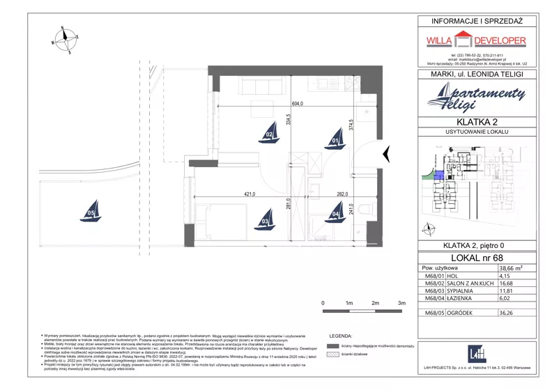 2 pokoje, mieszkanie 38,66 m², parter, oferta nr 68, Apartamenty Teligi, Marki, ul. Leonida Teligi