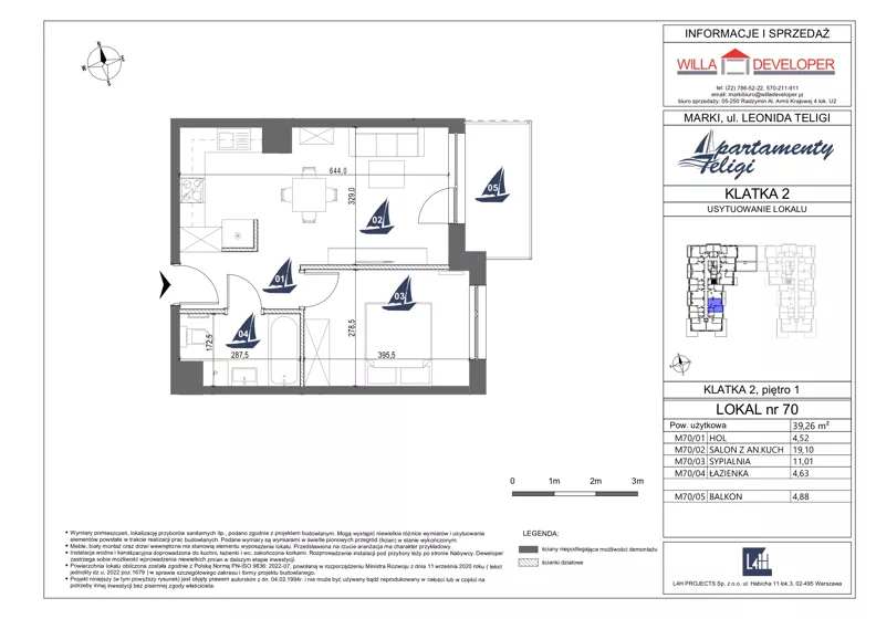 2 pokoje, mieszkanie 39,26 m², piętro 1, oferta nr 70, Apartamenty Teligi, Marki, ul. Leonida Teligi